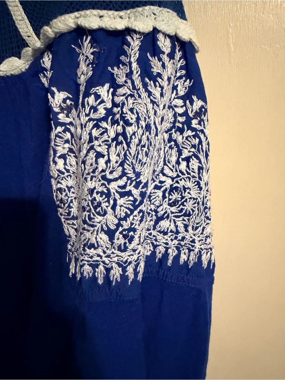 Free People Royal Blue Boho Peasant Blouse with White Embroidery